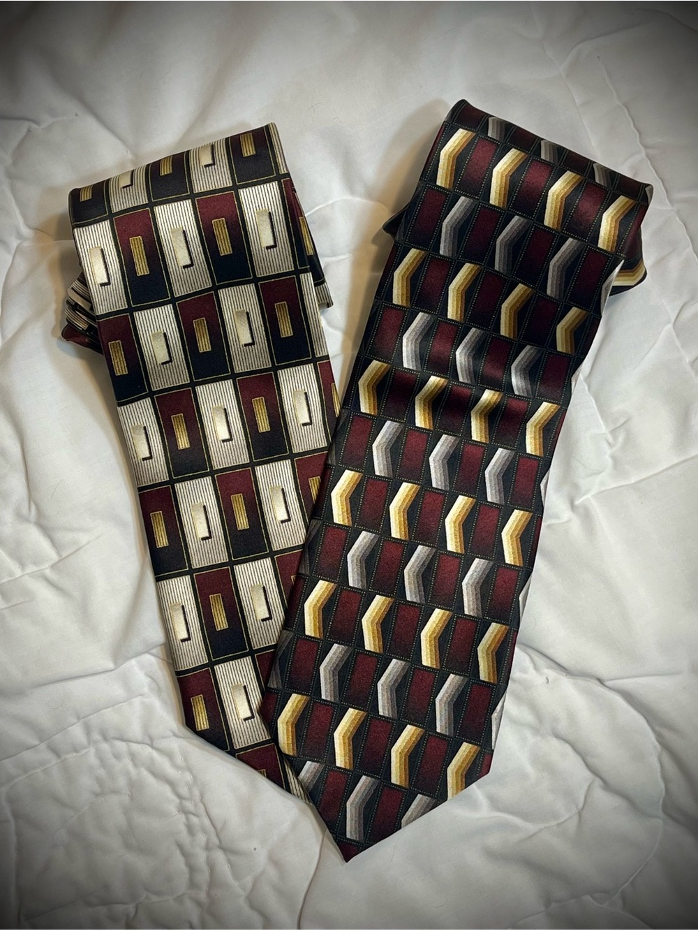 Set of 2 Alexander Julian Geometric Burgundy and Gold Pattern Men’s Tie